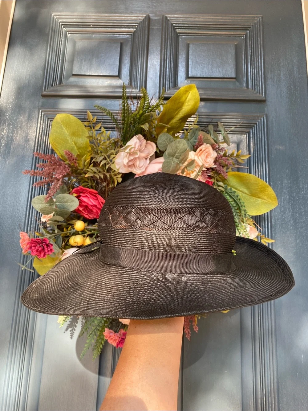 Vintage Miss Bierner Black Wide-Brim Dress Hat with Floral & Feather Accent